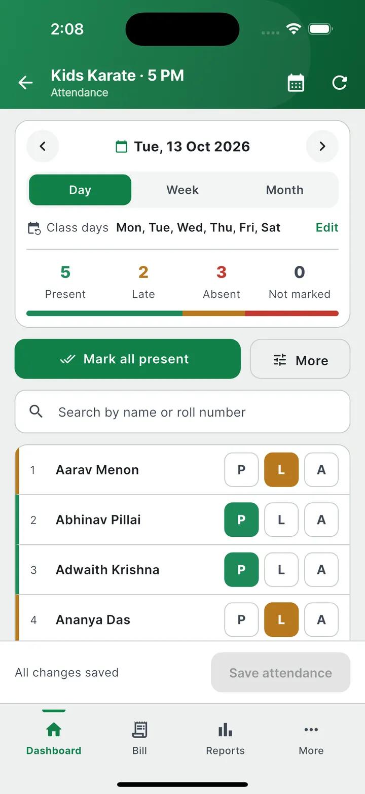 Attendance for a class marked present, late or absent (sample data)