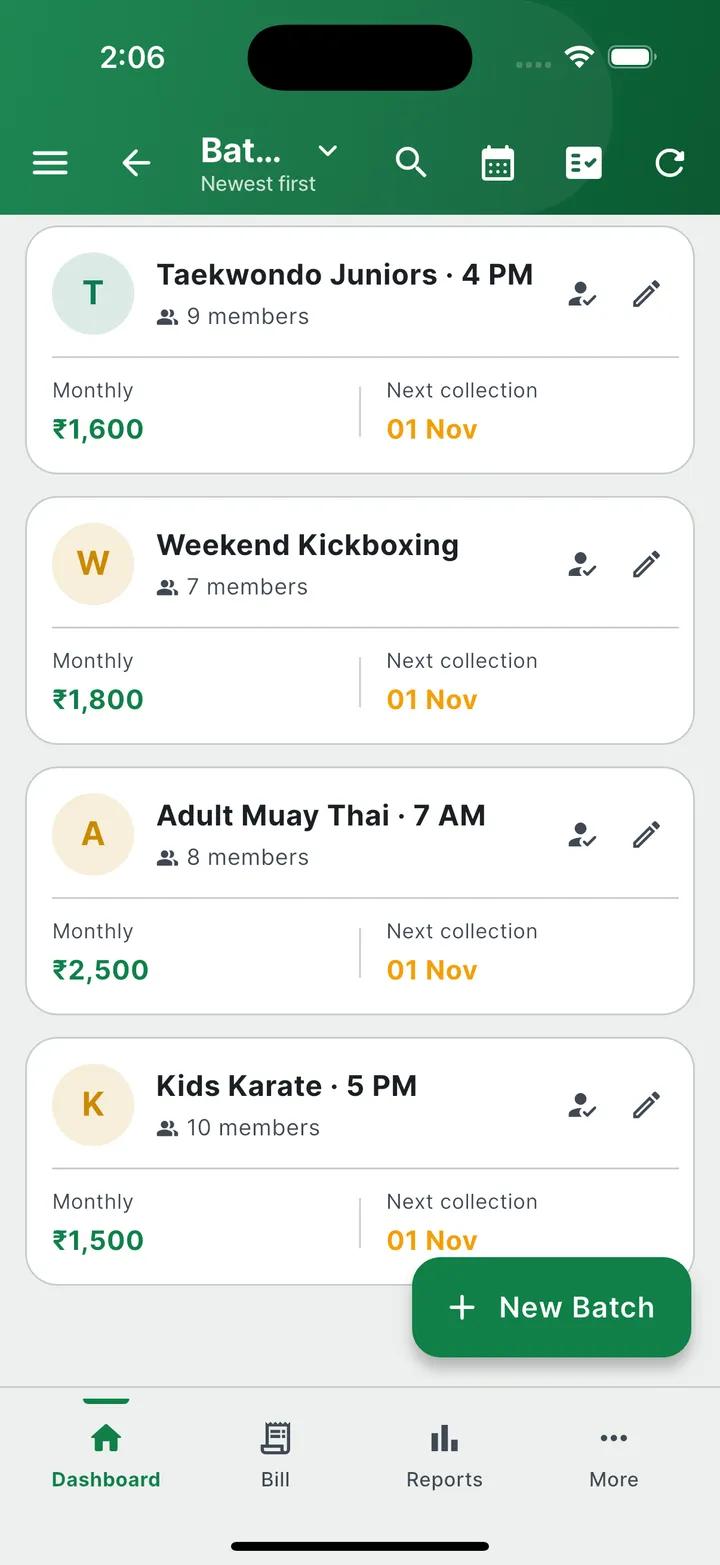 Batches with members, monthly fee and next collection date (sample data)