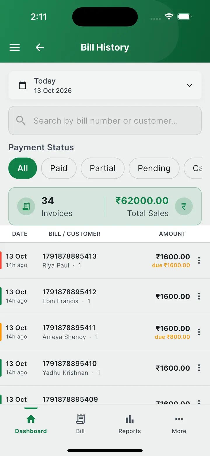 Bill history with paid, partial and pending bills (sample data)