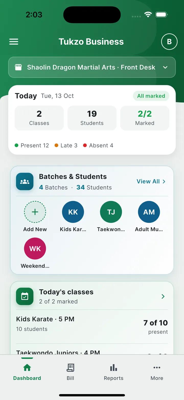 Tukzo FeeCircle dashboard with today's classes, students and attendance (sample data)