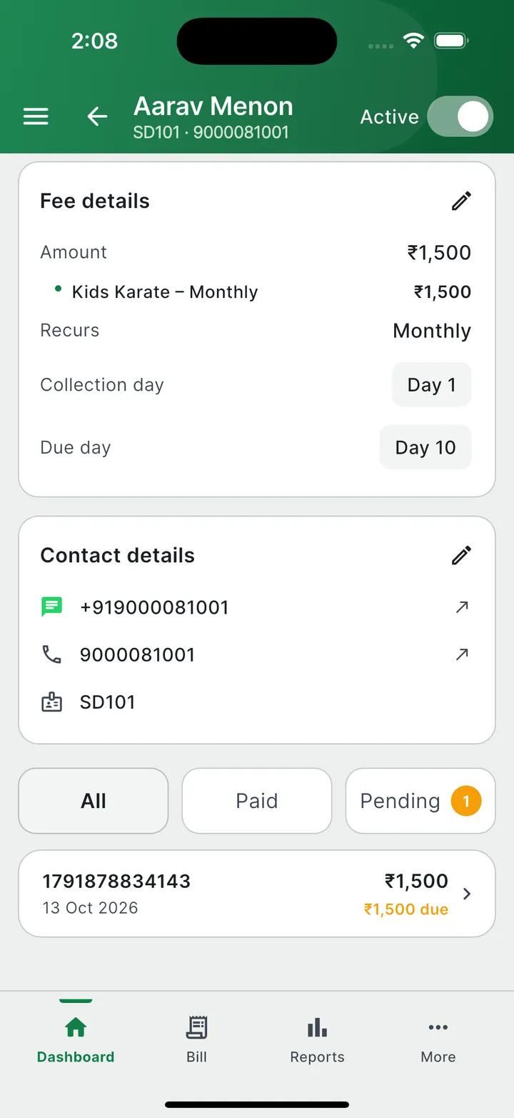Student fee details with collection day, due day and bills (sample data)
