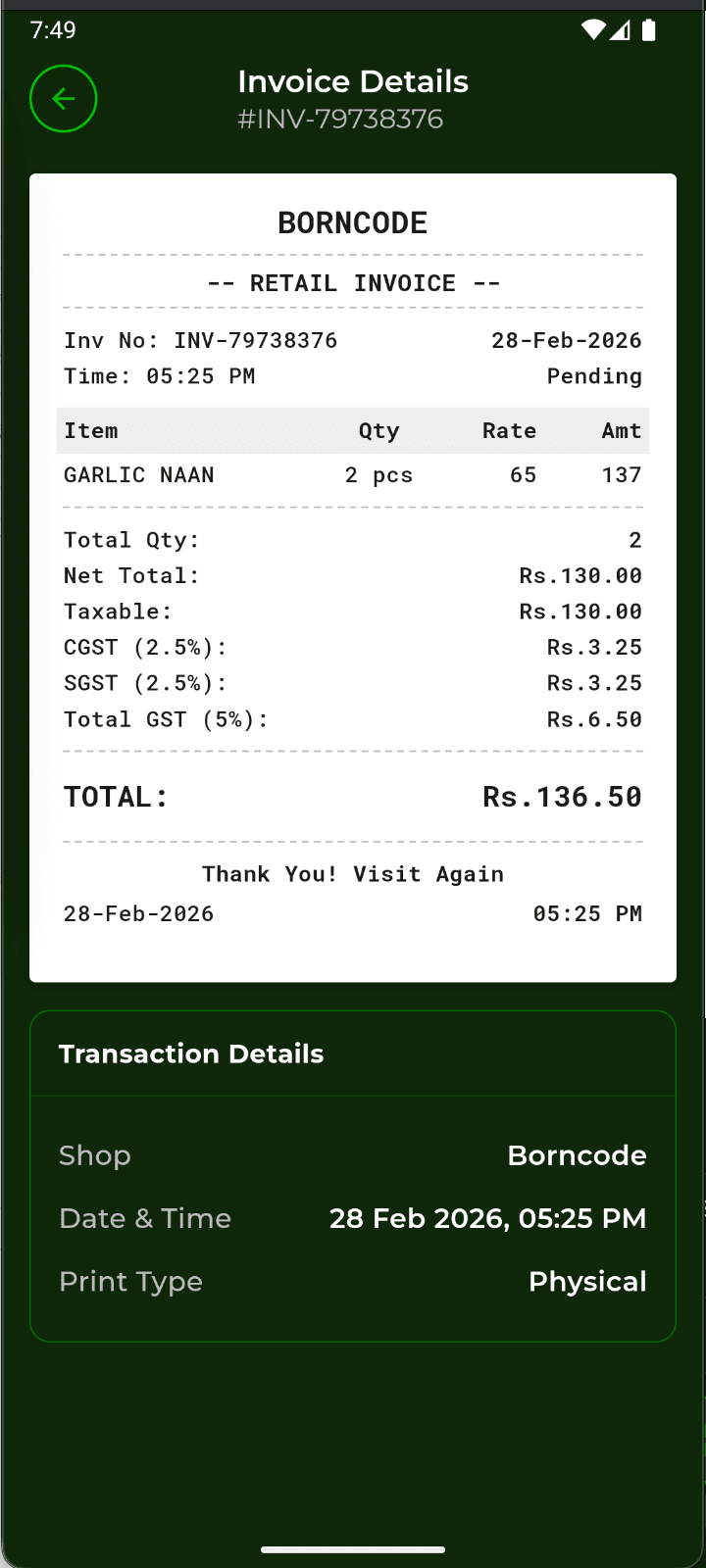 Invoice details with CGST and SGST in the Tukzo Business app