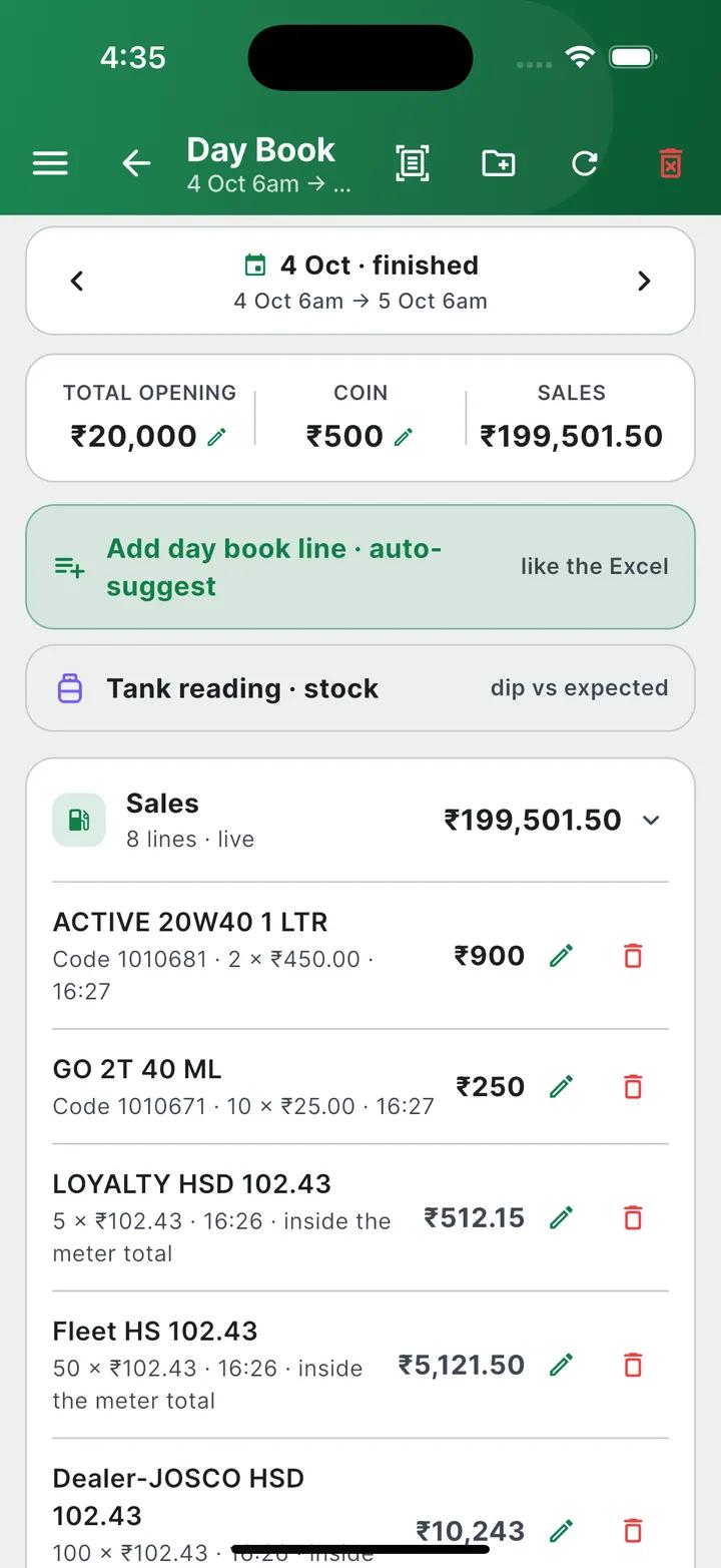 Day book with opening cash, coins, sales and sales lines (sample data)