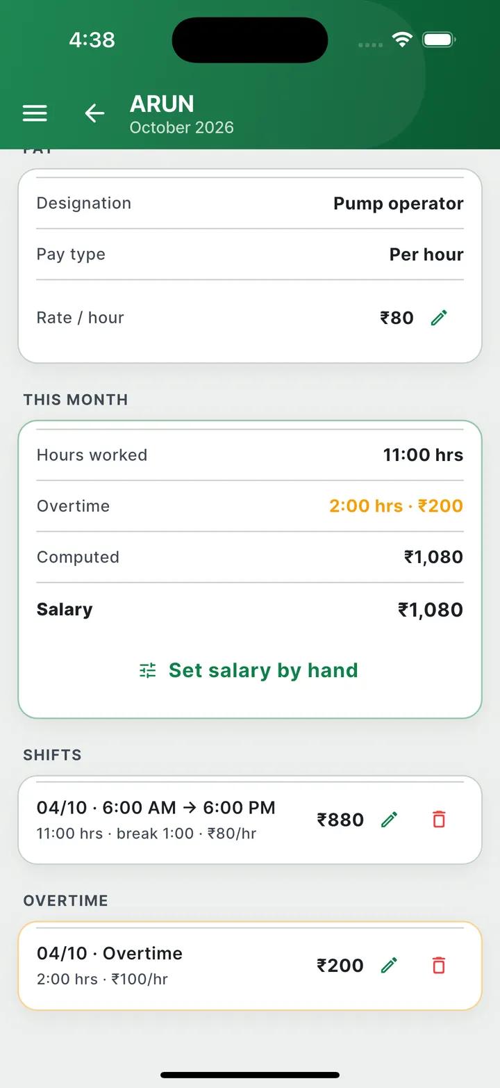 Staff salary worked out from shifts, hourly rate and overtime (sample data)
